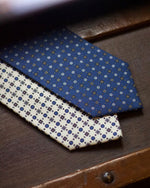 Cruciani &amp; Bella 100% Printed Silk Silk Made in England&nbsp; Self-tipped Off White, Brown and Blue Motif Tie 8 cm x 150 cm Handmade in &nbsp;England