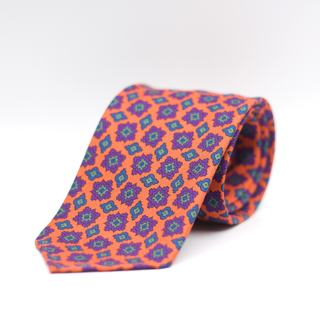 Cruciani & Bella 100% Printed Silk 36 oz UK fabric Unlined Light Orange, Blue, Green and Purple Motif Unlined Tie Handmade in Italy 8 x 150 cm