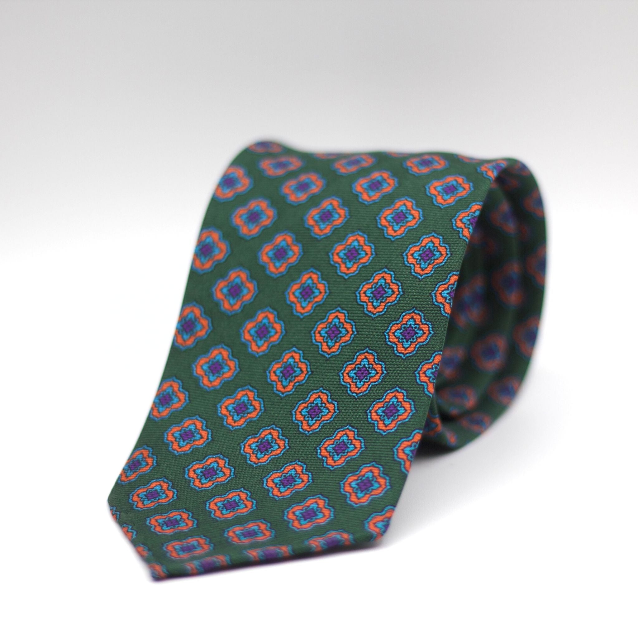 Cruciani & Bella 100% Printed Silk UK fabric Unlined Green, Light Blue, Orange and Purple Unlined Tie Handmade in Italy 8 x 150 cm