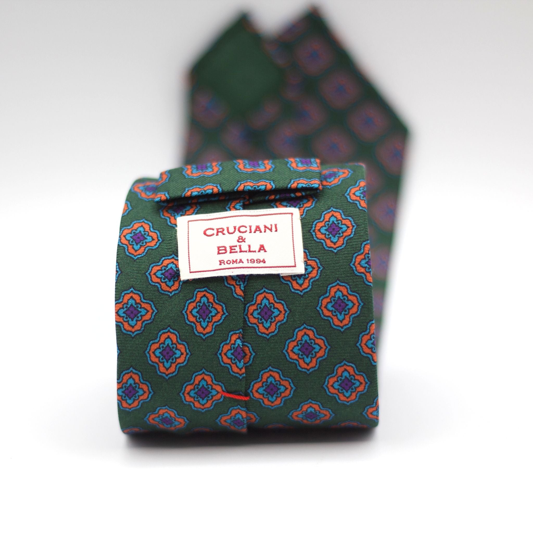 Cruciani & Bella 100% Printed Silk UK fabric Unlined Green, Light Blue, Orange and Purple Unlined Tie Handmade in Italy 8 x 150 cm