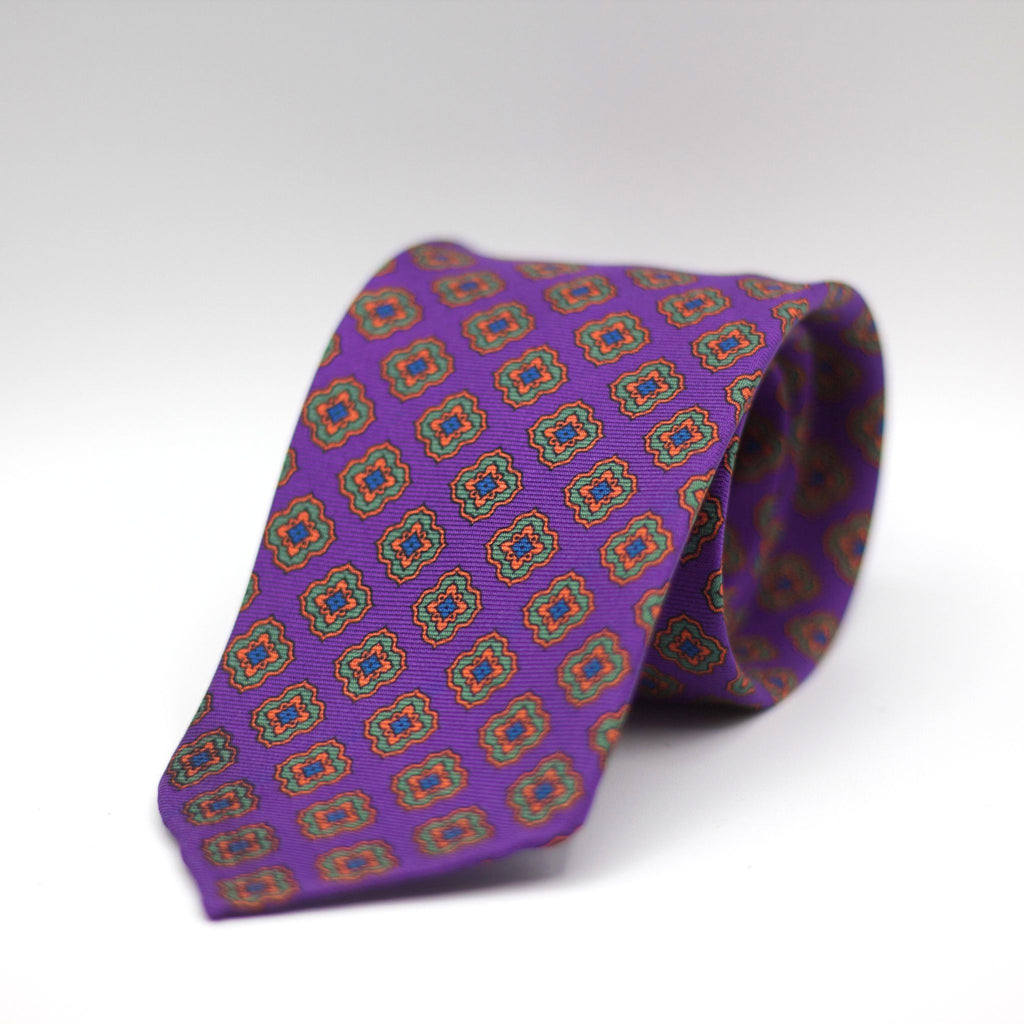Cruciani & Bella 100% Printed Silk UK fabric Unlined Purple, Green, Orange and Blue Unlined Tie  Handmade in Italy 8 x 150 cm #7948