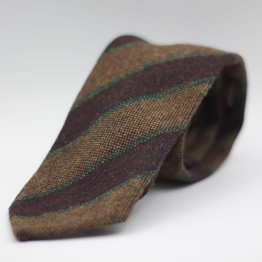 Cruciani & Bella 100% Shetland Tweed  Unlined Hand rolled blades Brown, Burgundy and Green stripes Handmade in Italy 8 cm x 150 cm