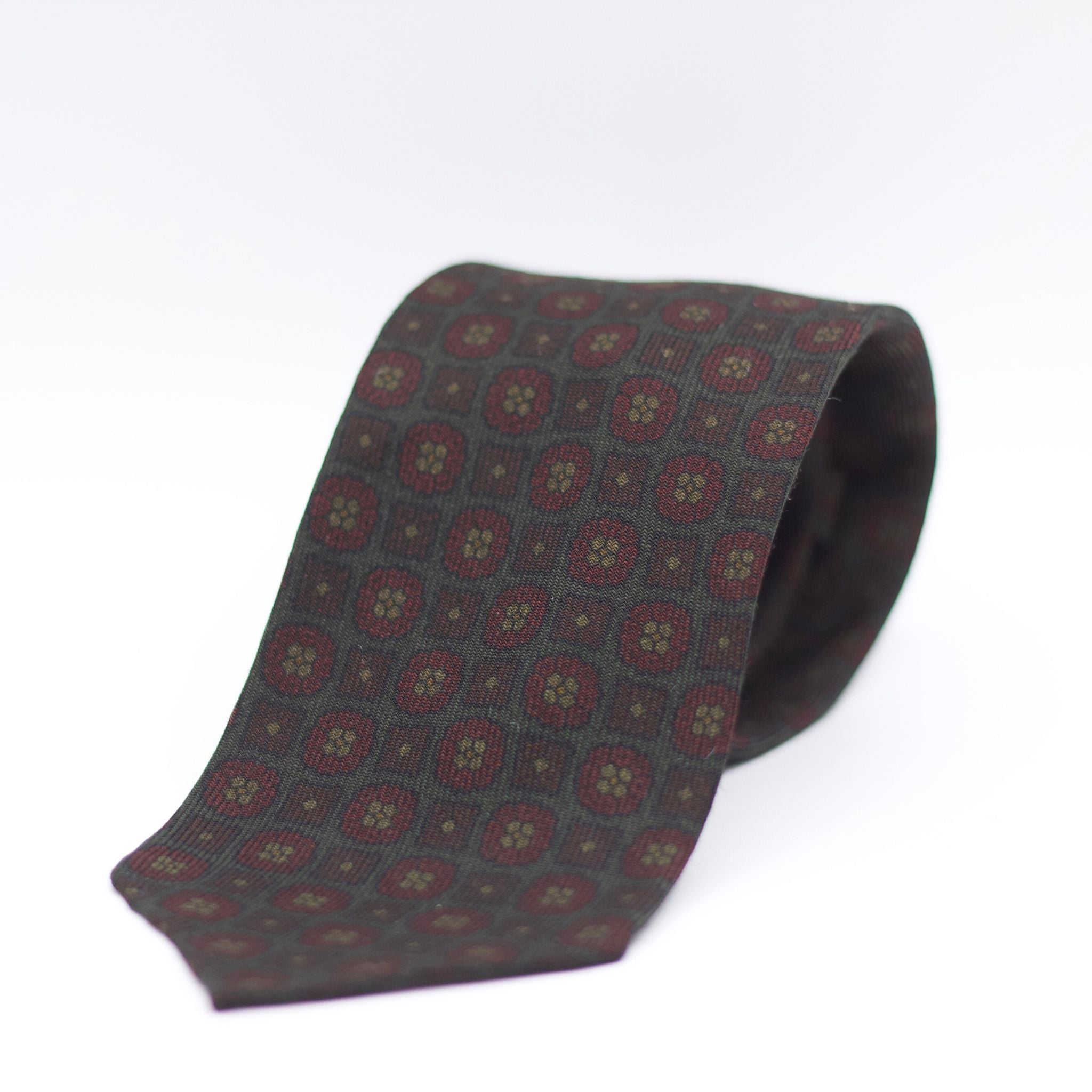 Cruciani & Bella 100%  Printed Wool  Unlined Hand rolled blades Green, Brown and Blue Motifs Tie Handmade in Italy 8 cm x 150 cm