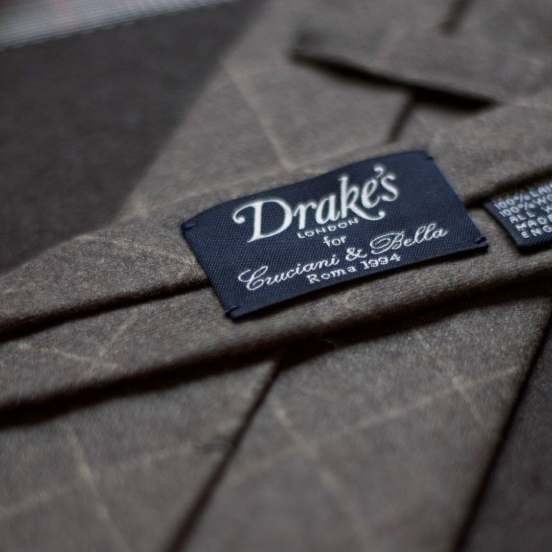 Drake's -  Wool - Light Grey, Tartan Motif Unlined  Tie  #6021