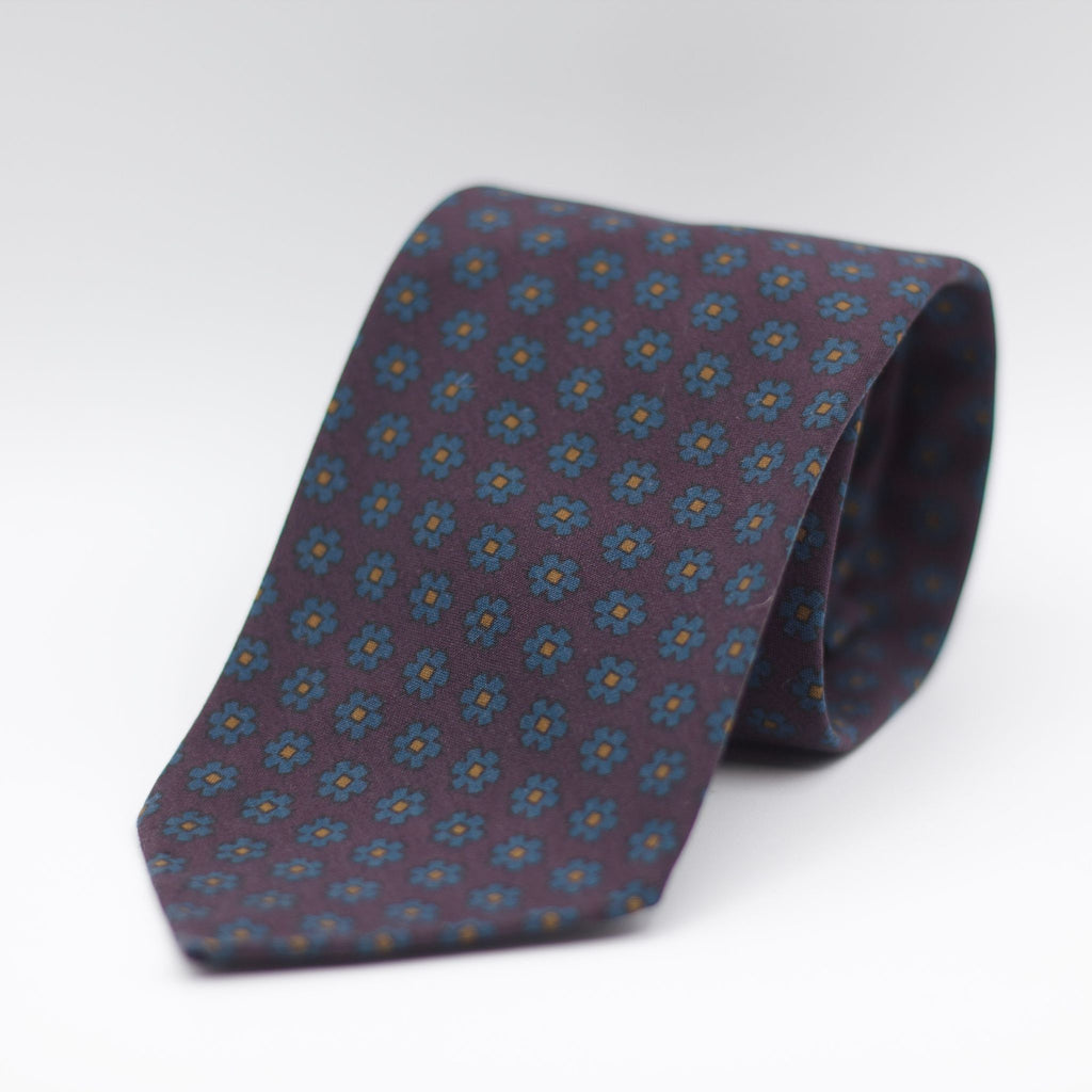 Cruciani & Bella 100% Printed Madder Silk  Italian fabric Unlined tie Prune, Blue and Beige Motif Unlined Tie Handmade in Italy 8 cm x 150 cm