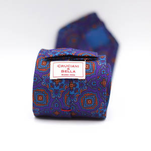 Cruciani & Bella 100% Printed Silk 36 oz UK fabric Unlined Purple. Red , Blue and Orange  Motif Unlined Tie Handmade in Italy 8 x 150 cm