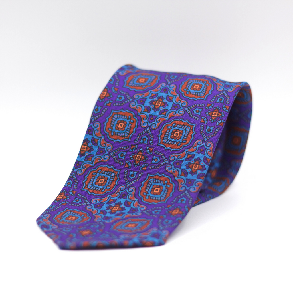 Cruciani & Bella 100% Printed Silk 36 oz UK fabric Unlined Purple. Red , Blue and Orange  Motif Unlined Tie Handmade in Italy 8 x 150 cm