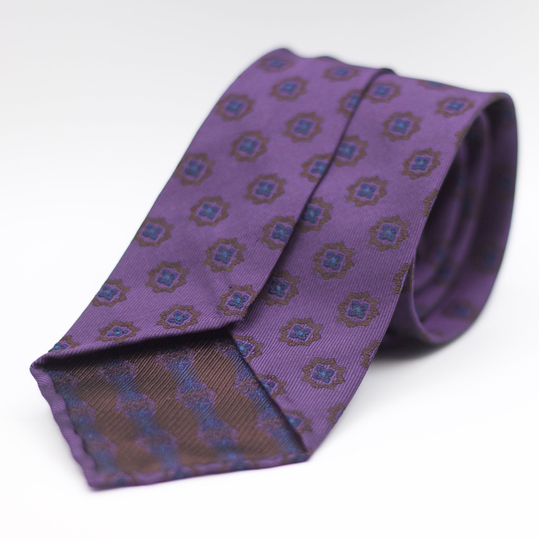 Cruciani & Bella 100% Woven Jacquard Silk Unlined Purple, Blue and Brown Unlined Tie Handmade in England 8 x 153 cm