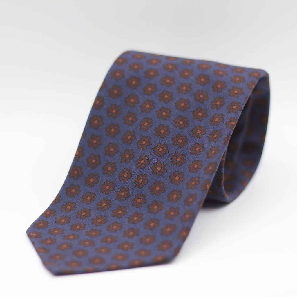Cruciani & Bella 100% Printed Madder Silk  Italian fabric Unlined tie Blue, Brown and Light Orange Motif Unlined Tie Handmade in Italy 8 cm x 150 cm