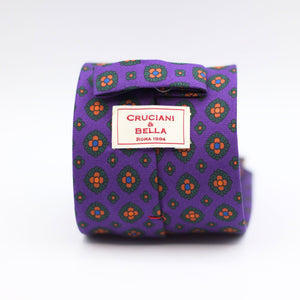 Cruciani & Bella 100% Printed Silk Tipped Purple, Green, Orange and Blue Motif Tie  8 cm x 150 cm Handmade in Italy