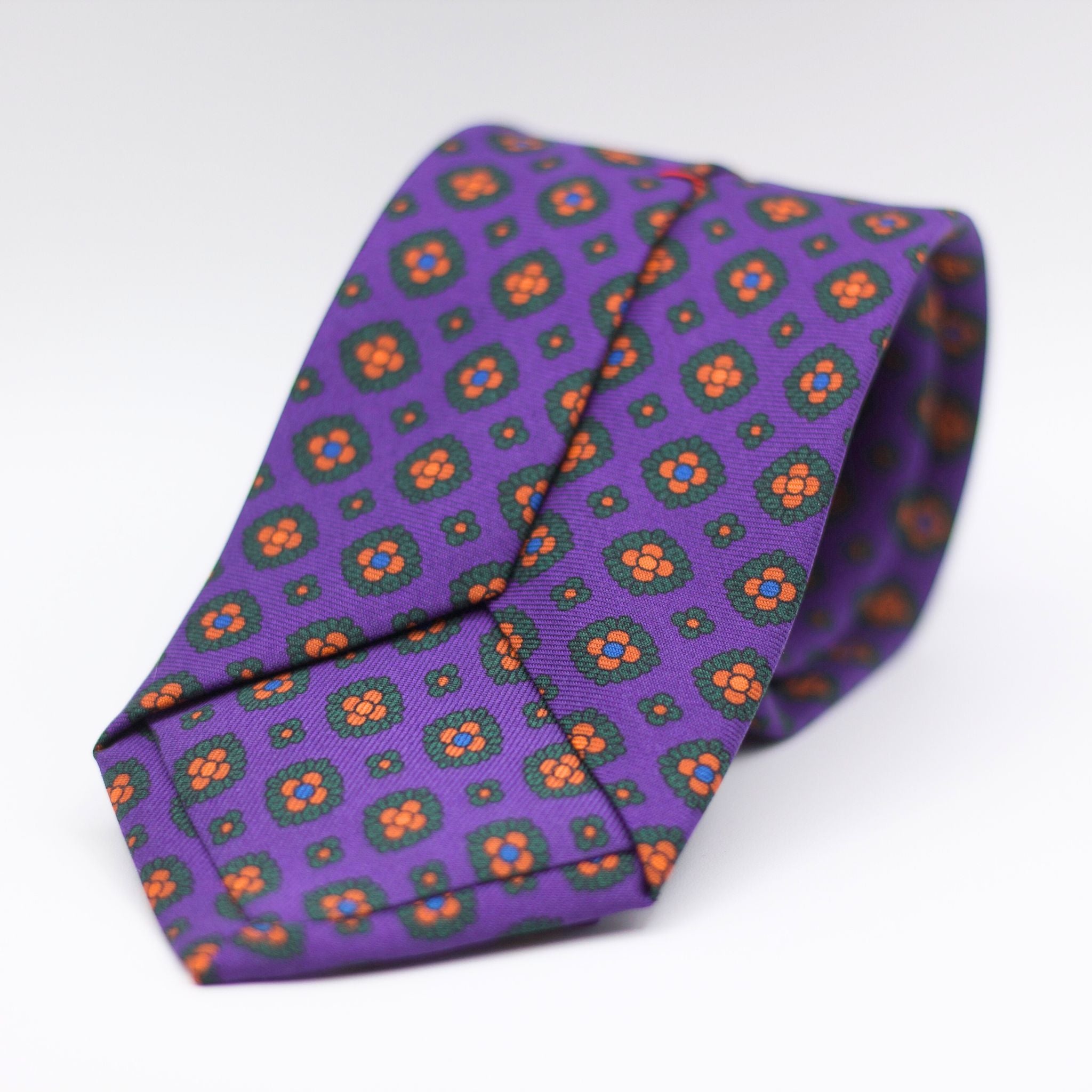 Cruciani & Bella 100% Printed Silk Tipped Purple, Green, Orange and Blue Motif Tie  8 cm x 150 cm Handmade in Italy