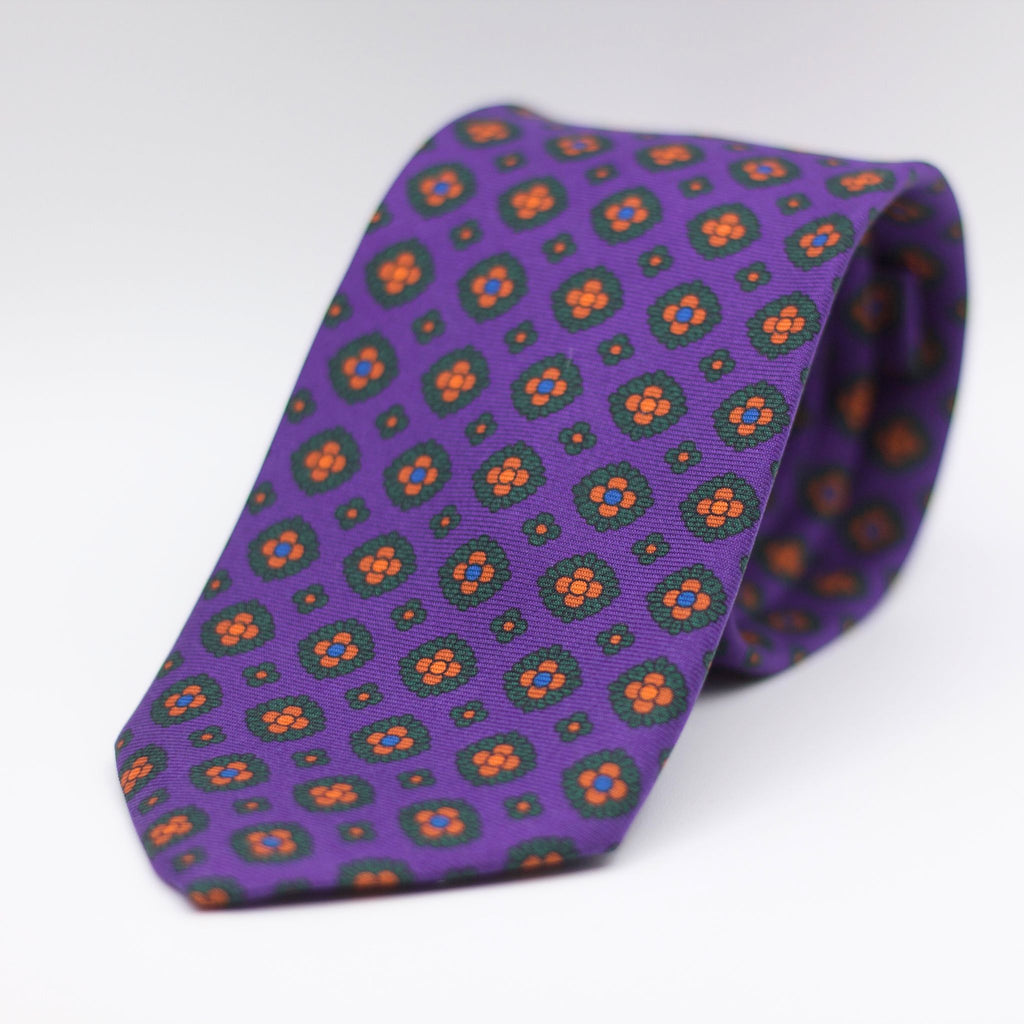 Cruciani & Bella 100% Printed Silk Tipped Purple, Green, Orange and Blue Motif Tie  8 cm x 150 cm Handmade in Italy
