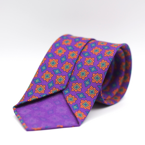 Cruciani & Bella 100% Printed Silk 36 oz UK fabric Unlined Purple, Green, Orange and Blue Motif Unlined Tie Handmade in Italy 8 x 150 cm