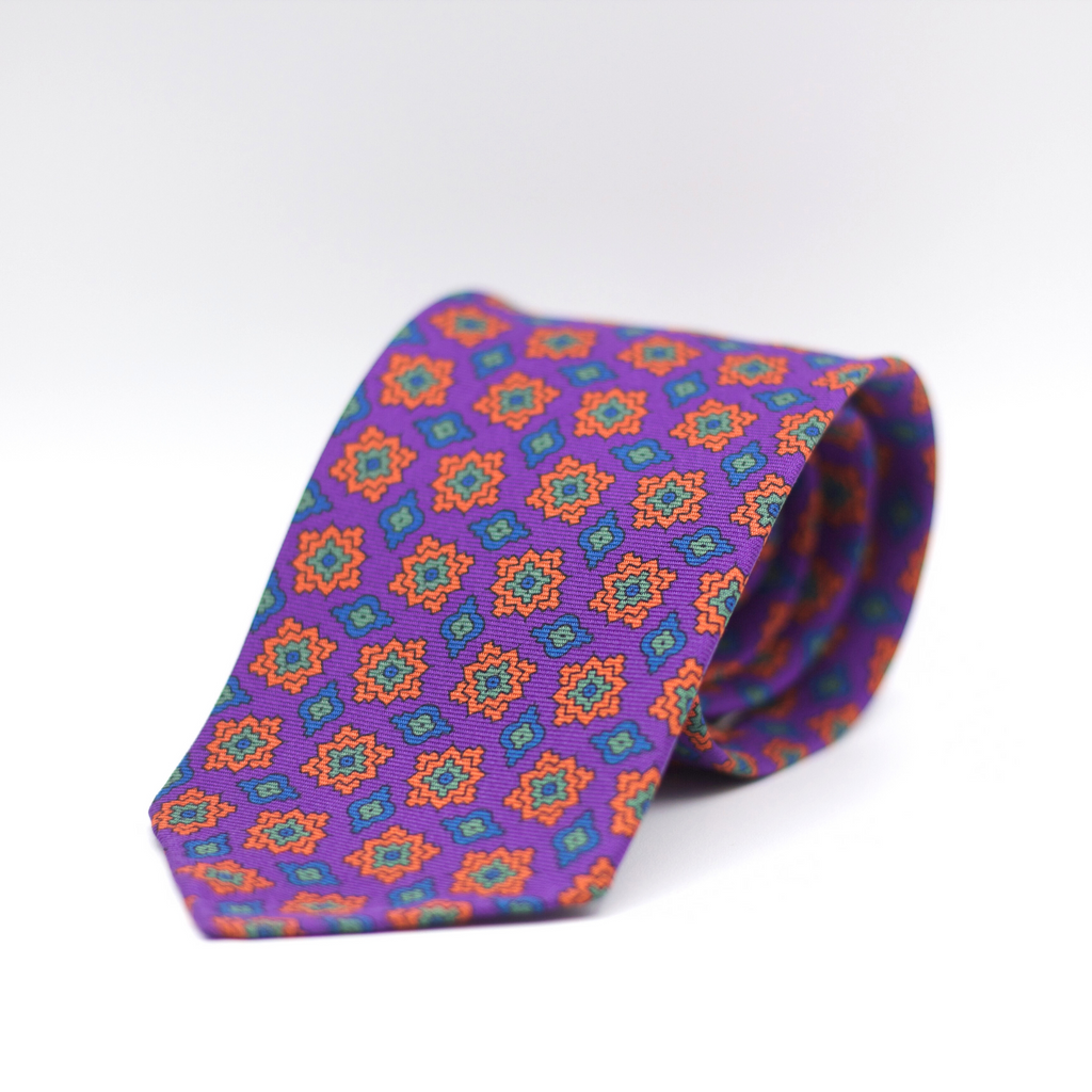 Cruciani & Bella 100% Printed Silk 36 oz UK fabric Unlined Purple, Green, Orange and Blue Motif Unlined Tie Handmade in Italy 8 x 150 cm