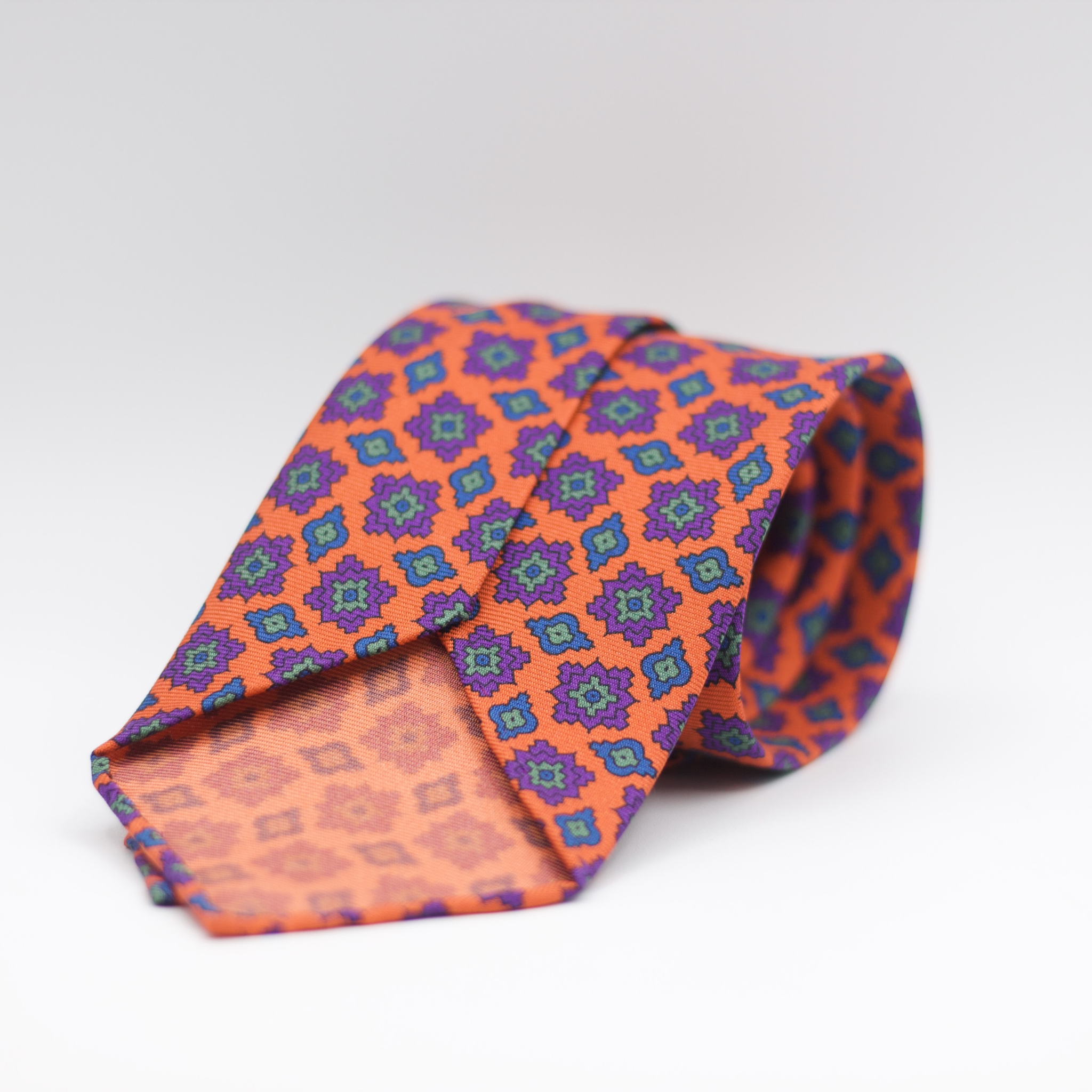 Cruciani & Bella 100% Printed Silk 36 oz UK fabric Unlined Light Orange, Blue, Green and Purple Motif Unlined Tie Handmade in Italy 8 x 150 cm