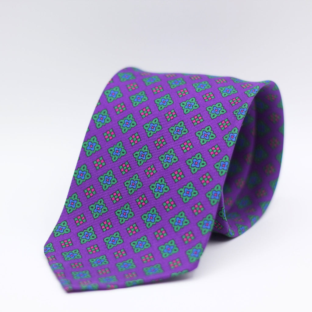Cruciani & Bella 100% Printed Silk 36 oz UK fabric Unlined Purple, Green, Red and Blue Motif Unlined Tie Handmade in Italy 8 x 150 cm