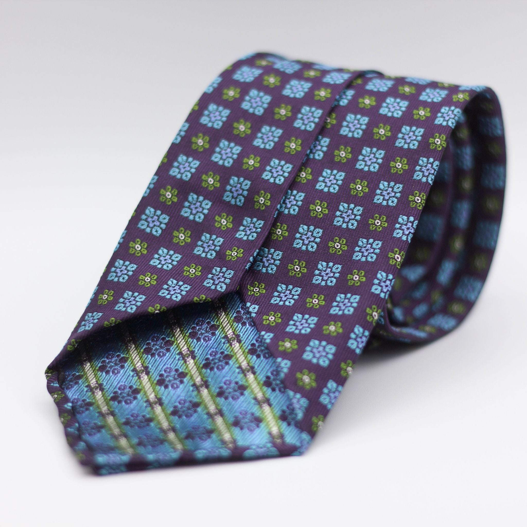 Cruciani & Bella 100% Woven Jacquard Silk Unlined Purple, Green and Light Blue Motif Unlined Tie Handmade in England 8 x 153 cm