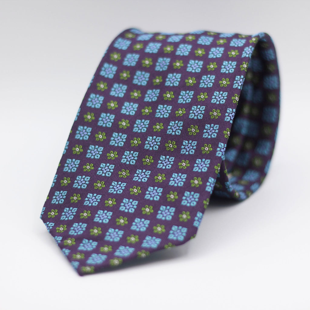 Cruciani & Bella 100% Woven Jacquard Silk Unlined Purple, Green and Light Blue Motif Unlined Tie Handmade in England 8 x 153 cm