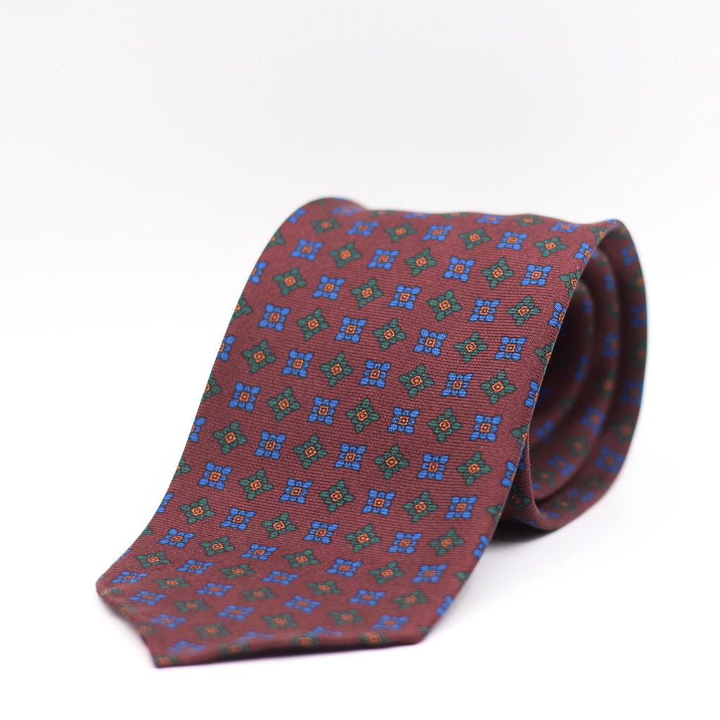 Cruciani & Bella 100% Printed Silk Unlined Red Wine, Green, Orange  and Baby Blue Motif Unlined Tie Handmade in England 8 x 153 cm