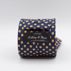 Holliday & Brown for Cruciani & Bella 100% printed Silk Self Tipped Blue, yellow and White motif tie Handmade in Italy 8 cm x 150 cm