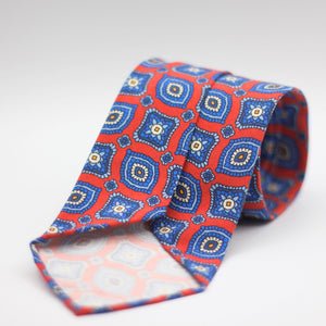 Cruciani & Bella 100% Printed Madder Silk  Italian fabric Unlined tie Red, Blue and Light Blue Motif Unlined Tie Handmade in Italy 8 cm x 150 cm