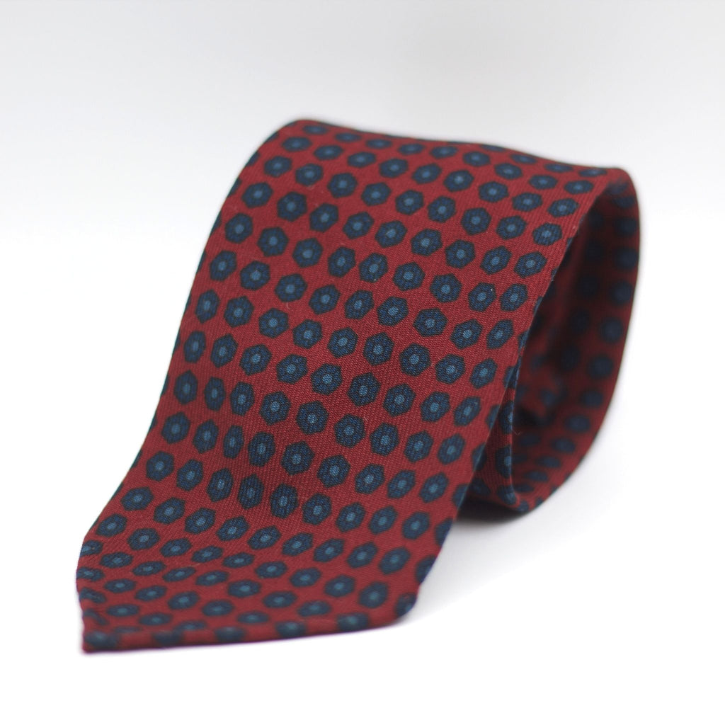 Cruciani & Bella 100%  Printed Wool  Unlined Hand rolled blades Red, Blue and  Light Blue Motifs Tie Handmade in Italy 8 cm x 150 cm