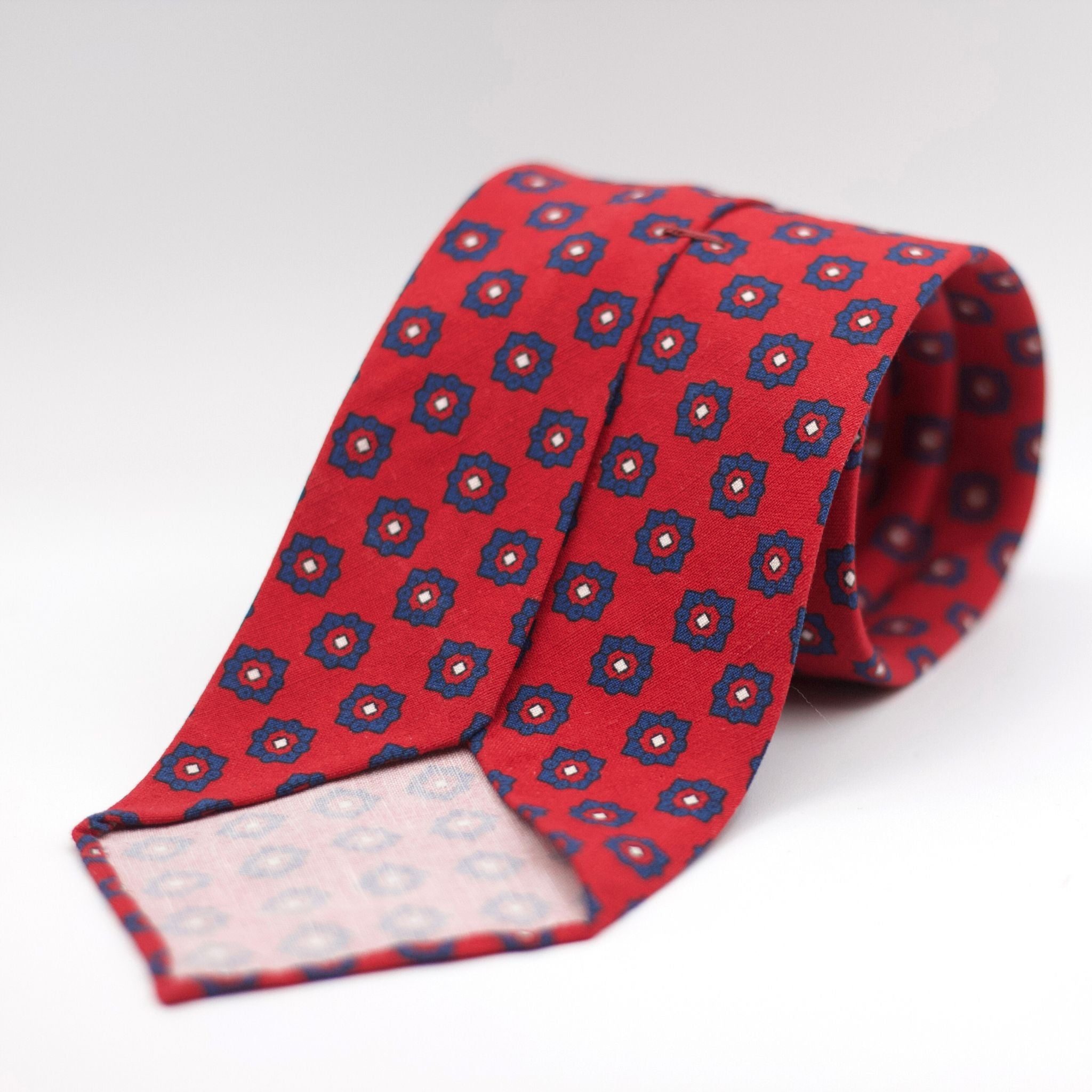 Cruciani & Bella 100% Printed Madder Linen and Silk  Italian fabric Unlined tie Red, Blue and White Unlined Tie Handmade in Italy 8 cm x 150 cm