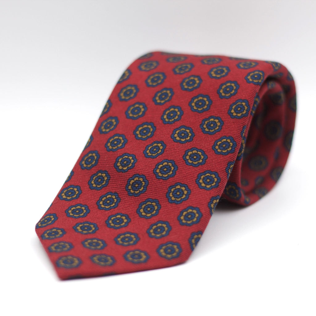 Holliday & Brown for Cruciani & Bella 100% Printed Wool  Self-Tipped Red, Brown and Blue Motif Tie Handmade in Italy 8 cm x 148 cm