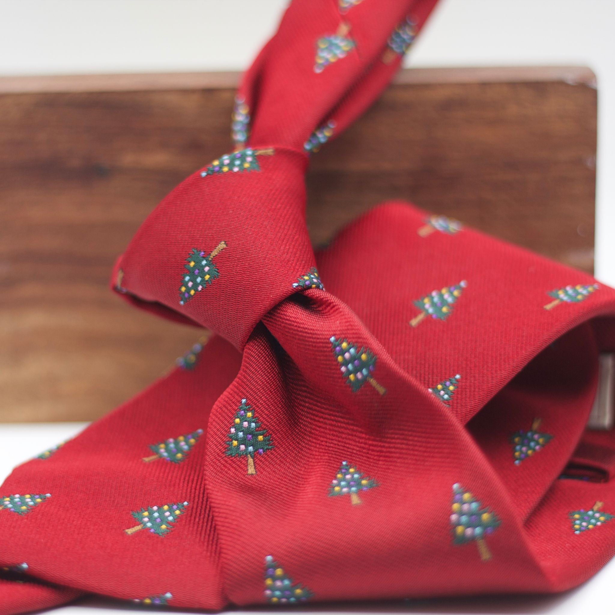 Cruciani & Bella 100% silk Tipped Red, Christmas Trees  embroidery motif Tie Made in England 8 cm x 150 cm