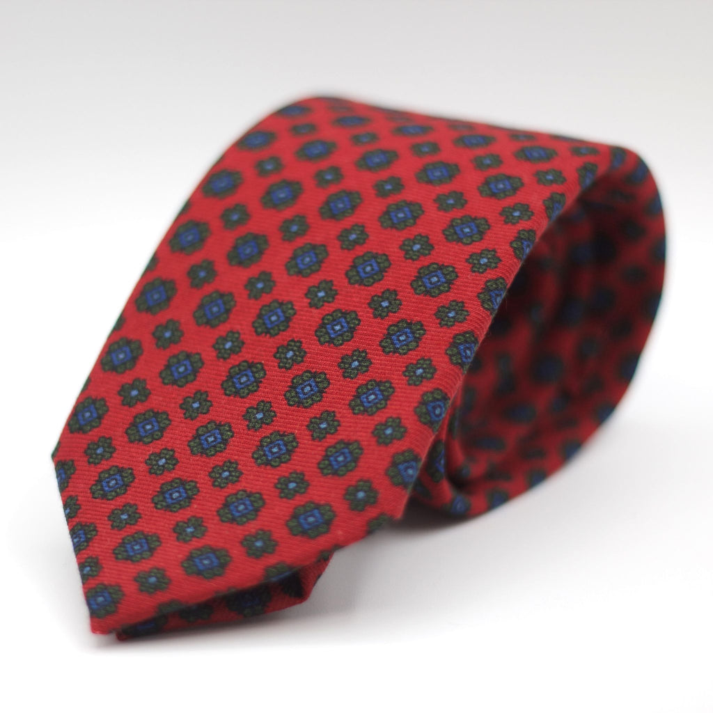 Holliday & Brown for Cruciani & Bella 100% Printed Wool  Self-Tipped Red, Green and Blue Motif Tie Handmade in Italy 8 cm x 148 cm
