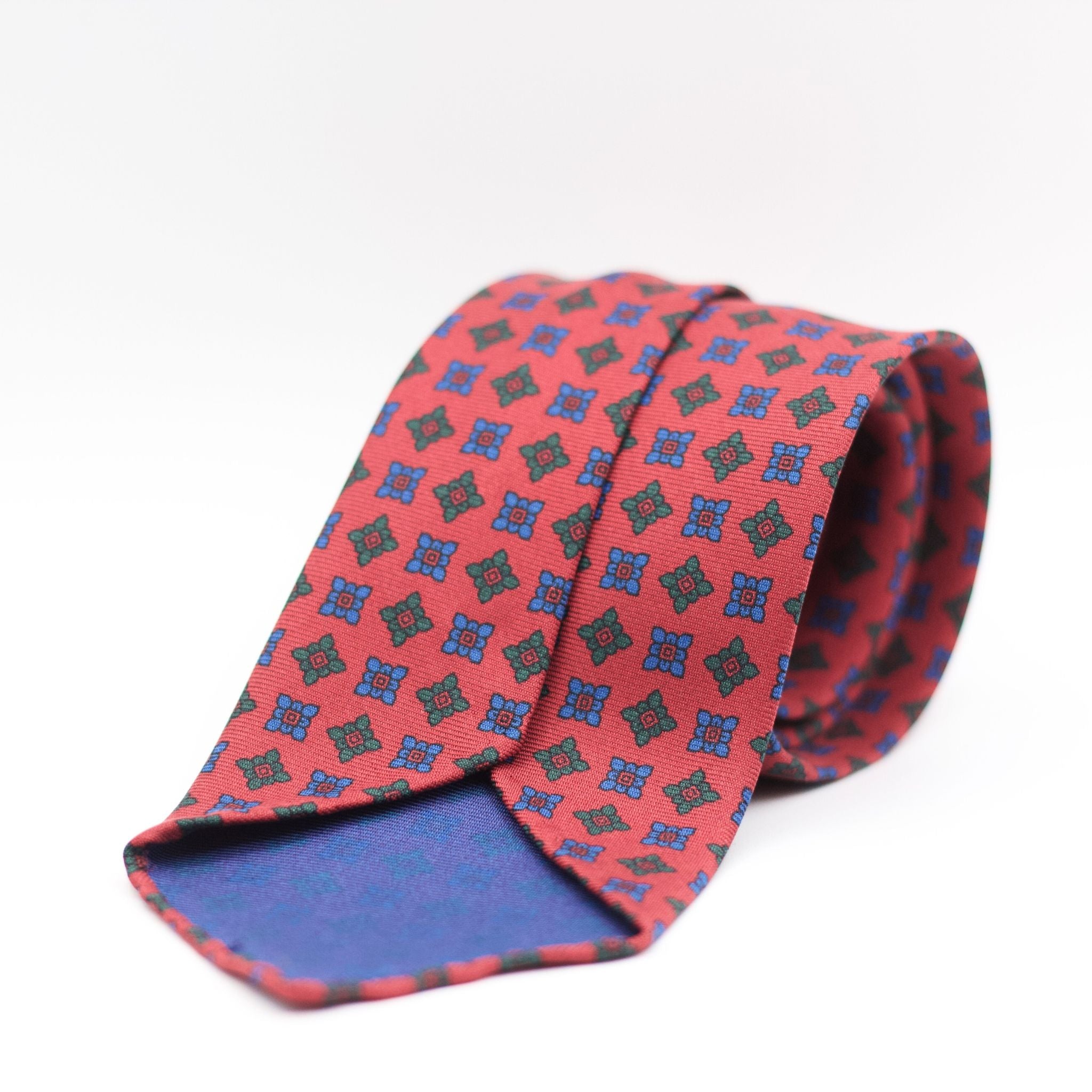 Cruciani & Bella 100% Printed Silk Unlined Red, Green and Blue Motif Unlined Tie Handmade in England 8 x 153 cm