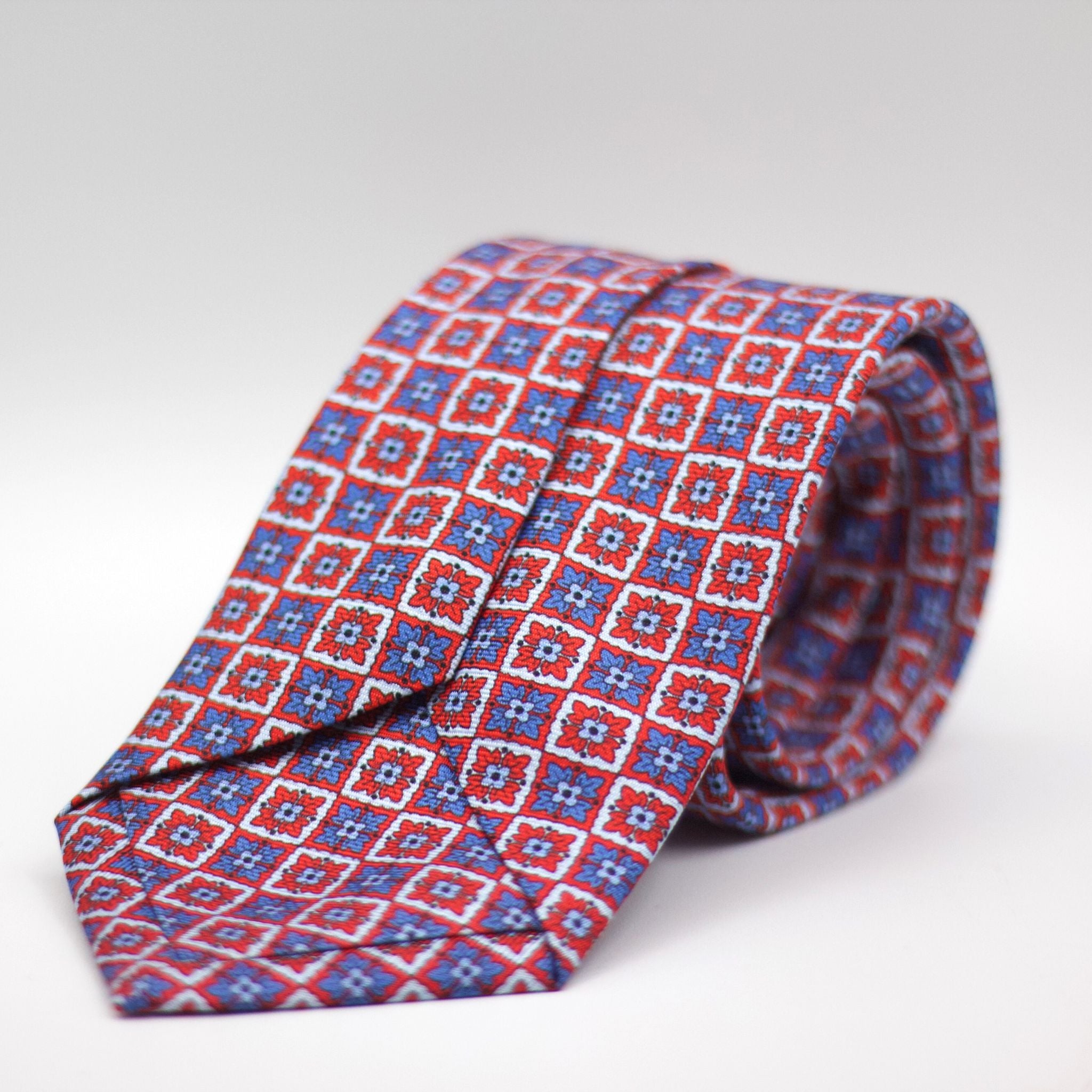 Cruciani & Bella 100% Silk Printed Self-Tipped Red and White, Light Blue Motif Tie Handmade in Rome, Italy. 8 cm x 150 cm