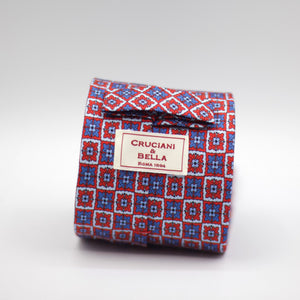 Cruciani & Bella 100% Silk Printed Self-Tipped Red and White, Light Blue Motif Tie Handmade in Rome, Italy. 8 cm x 150 cm