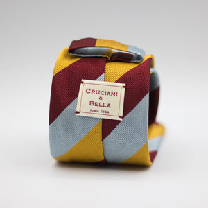 Cruciani & Bella 100% Silk Slim Shape Jacquard  Unlined Regimental "Royal Air Force Regiment" Wine, Gold and light sky-blue stripes tie Handmade in Italy 8 cm x 150 cm