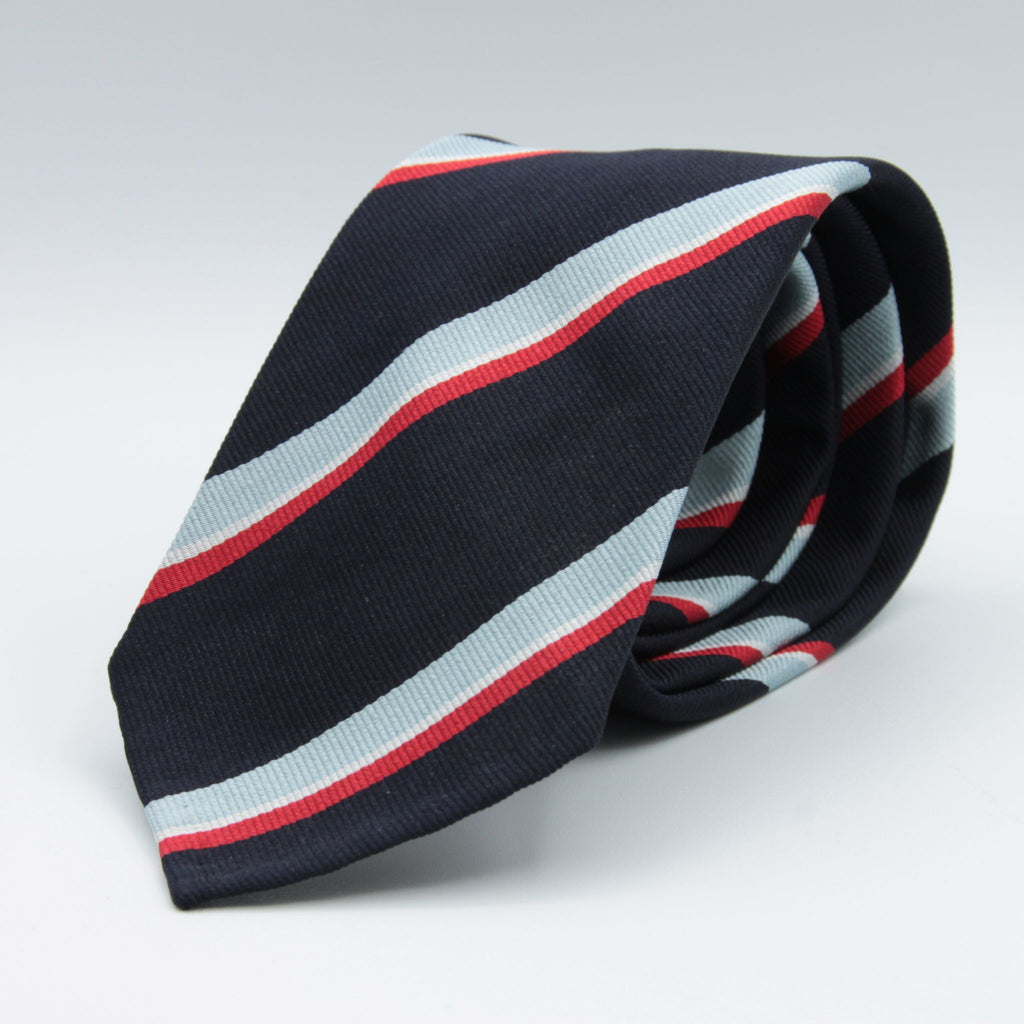 Cruciani & Bella 100% Silk Slim Shape Jacquard  Unlined Regimental "Royal Naval" Navy, Light Blue, White and Red stripes tie Handmade in Italy 8 cm x 150 cm #7711