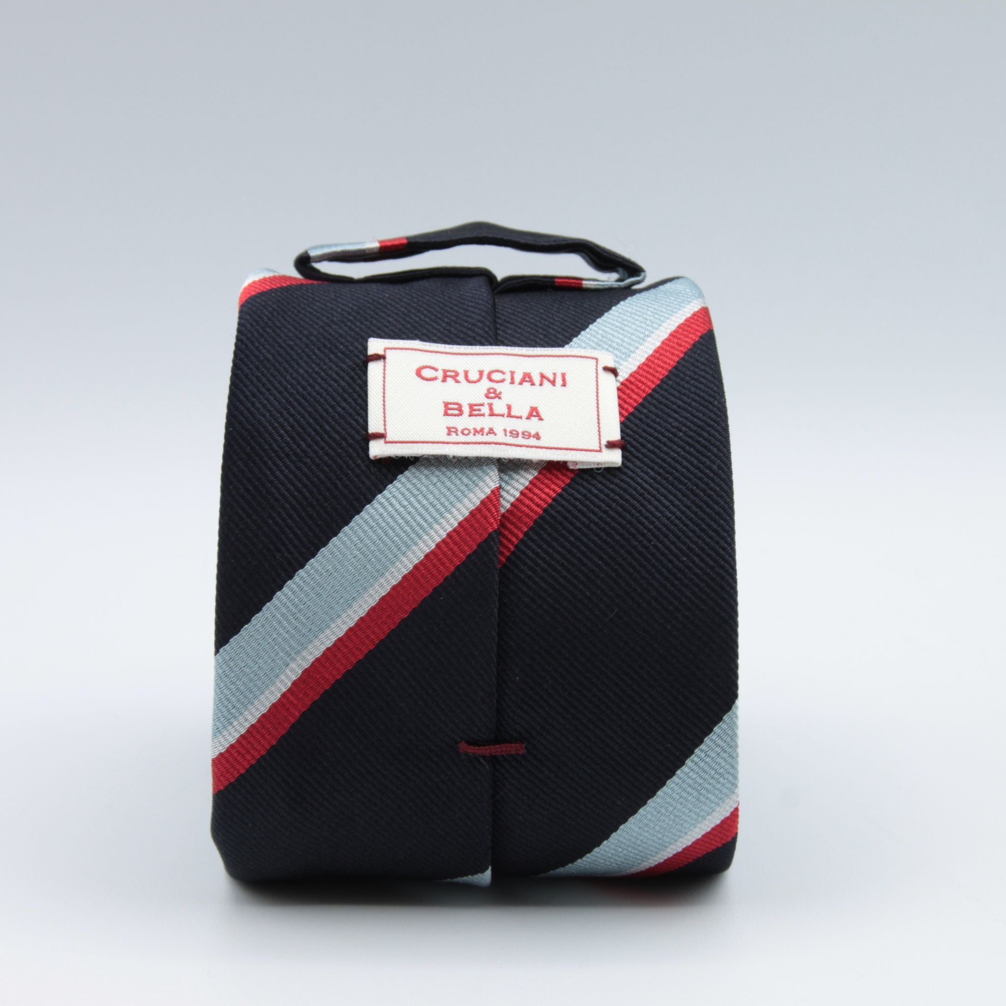 Cruciani & Bella 100% Silk Slim Shape Jacquard  Unlined Regimental "Royal Naval" Navy, Light Blue, White and Red stripes tie Handmade in Italy 8 cm x 150 cm #7711