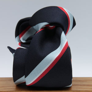 Cruciani & Bella 100% Silk Slim Shape Jacquard  Unlined Regimental "Royal Naval" Navy, Light Blue, White and Red stripes tie Handmade in Italy 8 cm x 150 cm #7711