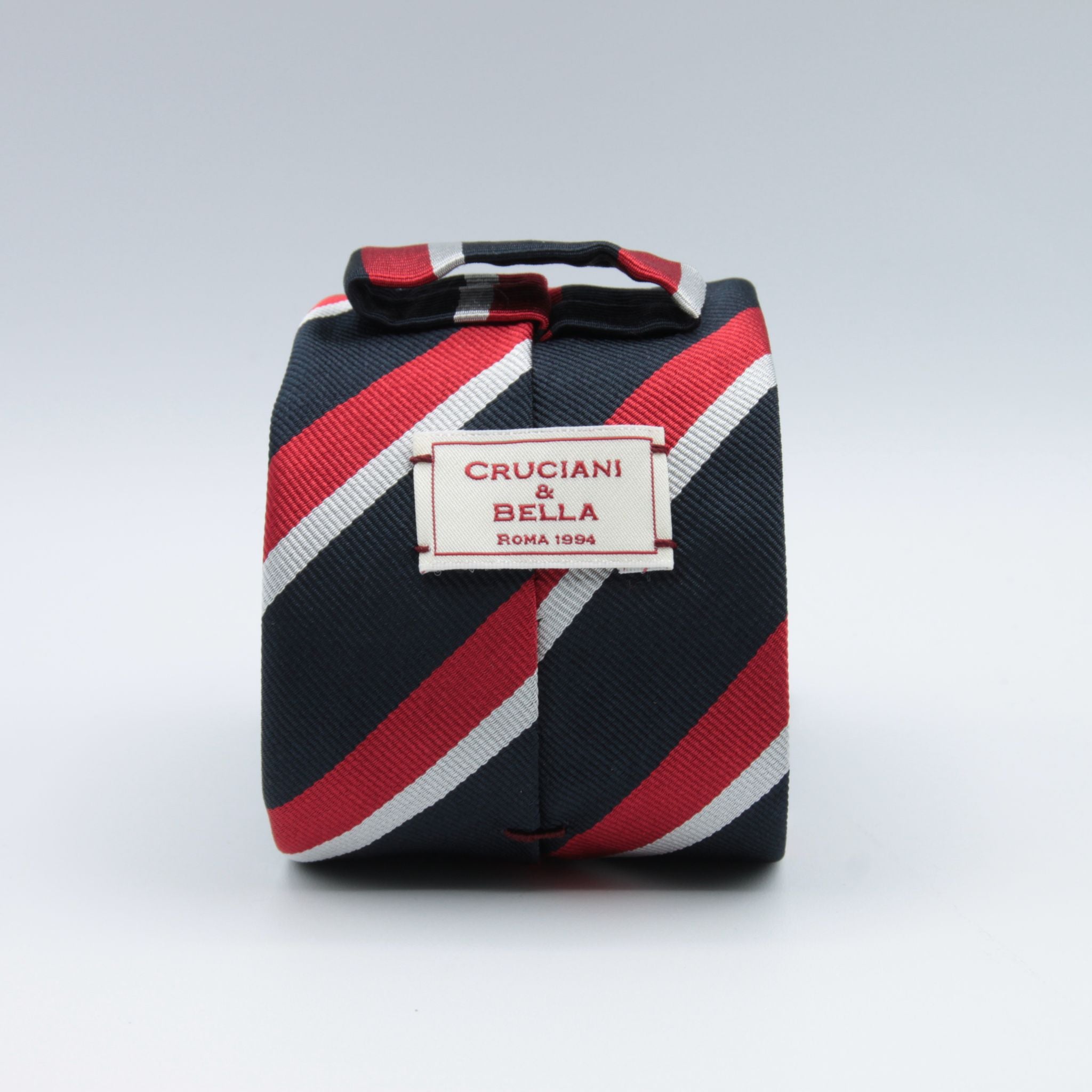 Cruciani & Bella 100% Silk Slim Shape Jacquard  Unlined Regimental "Royal Navy" Navy, White and Red stripes tie Handmade in Italy 8 cm x 150 cm #7709