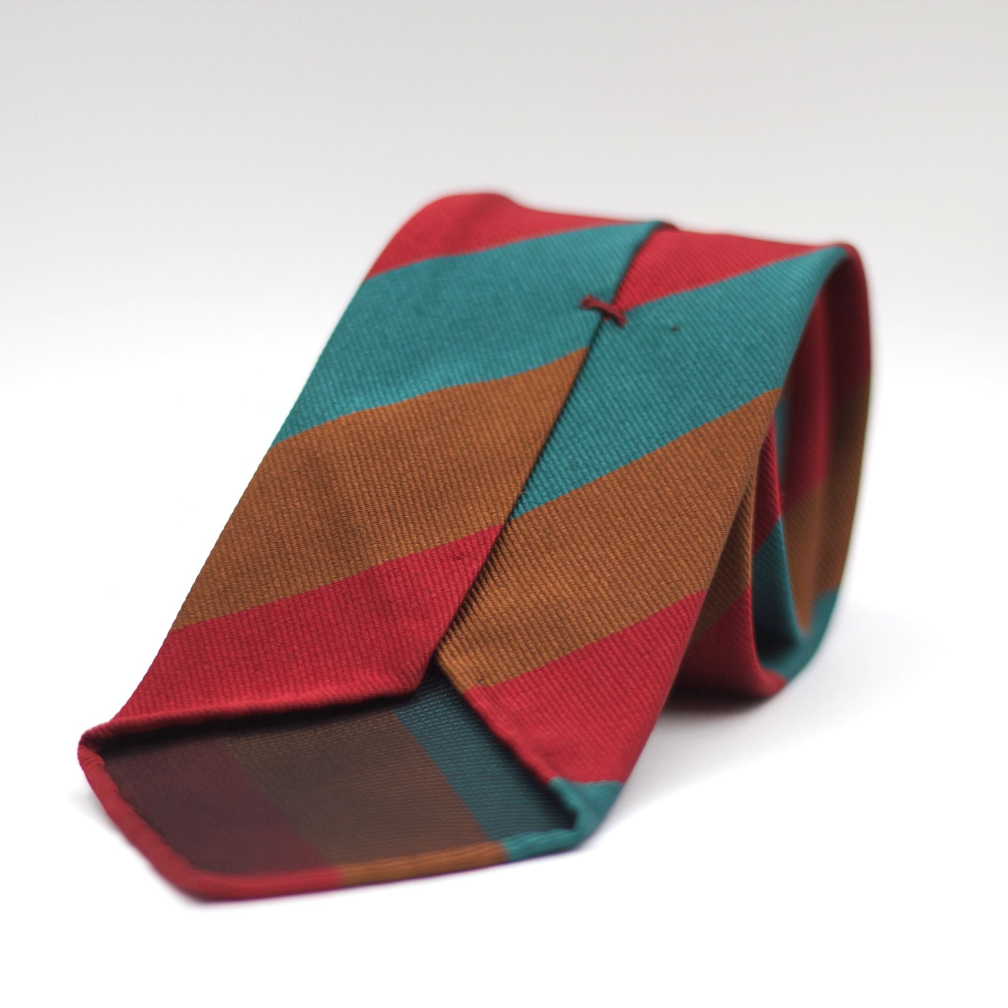 Cruciani & Bella 100% Silk Slim Shape Jacquard  Unlined Regimental "Royal Tank Regiment" Red, Green and Brown stripes tie Handmade in Italy 8 cm x 150 cm