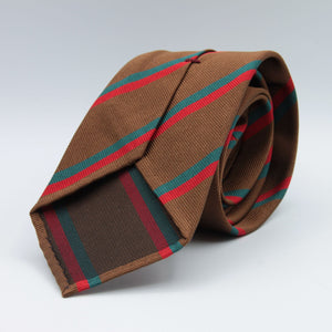 Cruciani & Bella 100% Silk Slim Shape Jacquard  Unlined Regimental "Royal Tank" Brown, Red and Green stripes tie Handmade in Italy 8 cm x 150 cm #7708