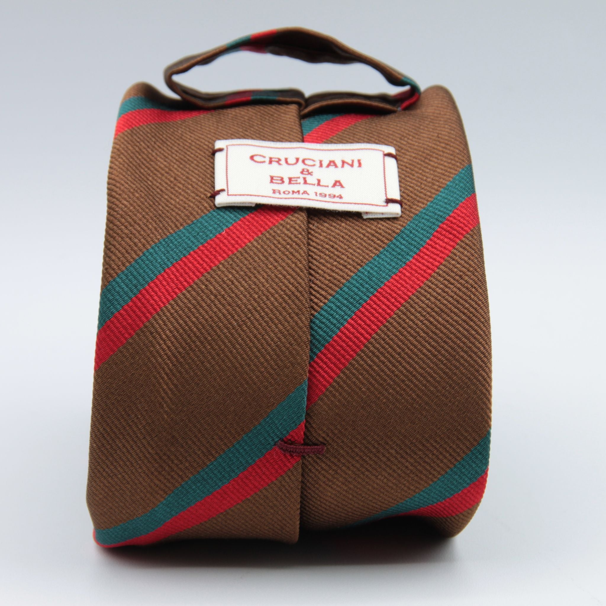 Cruciani & Bella 100% Silk Slim Shape Jacquard  Unlined Regimental "Royal Tank" Brown, Red and Green stripes tie Handmade in Italy 8 cm x 150 cm #7708