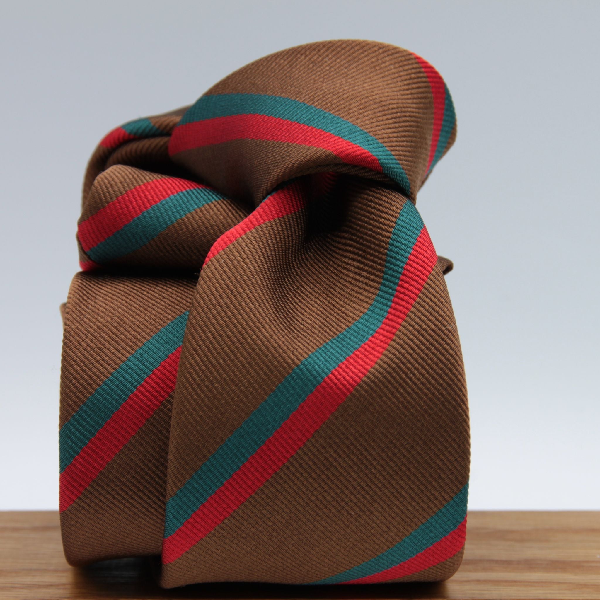 Cruciani & Bella 100% Silk Slim Shape Jacquard  Unlined Regimental "Royal Tank" Brown, Red and Green stripes tie Handmade in Italy 8 cm x 150 cm #7708