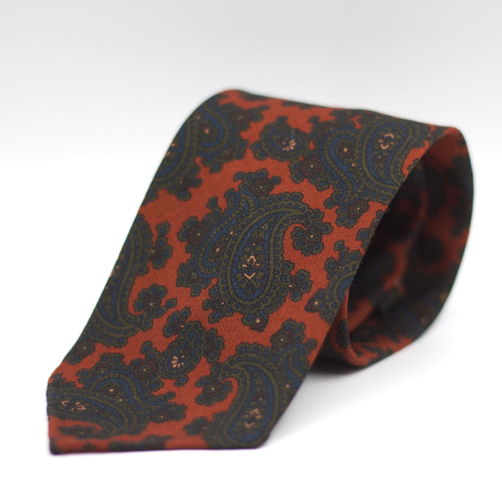 Cruciani & Bella 100%  Printed Wool  Unlined Hand rolled blades Rust, Green, Blue and Burgundy Paisley Motifs Tie Handmade in Italy 8 cm x 150 cm