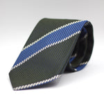 Holliday & Brown for Cruciani e Bella 100% Jacquard Silk Military green, Royal Blue and White stripe tie Handmade in Italy 8 cm x 150 cm
