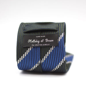 Holliday & Brown for Cruciani e Bella 100% Jacquard Silk Military green, Royal Blue and White stripe tie Handmade in Italy 8 cm x 150 cm