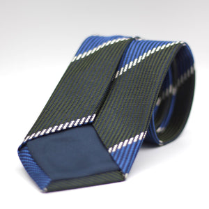 Holliday & Brown for Cruciani e Bella 100% Jacquard Silk Military green, Royal Blue and White stripe tie Handmade in Italy 8 cm x 150 cm