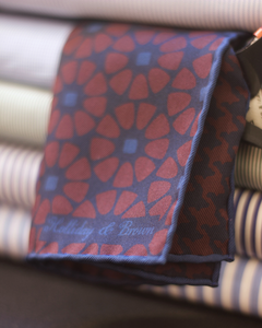 Holliday & Brown Hand-rolled   Holliday & Brown for Cruciani & Bella 100% Silk Red Wine and Blue Double Faces Patterned  Motif  Pocket Square Handmade in Italy 32 cm X 32 cm