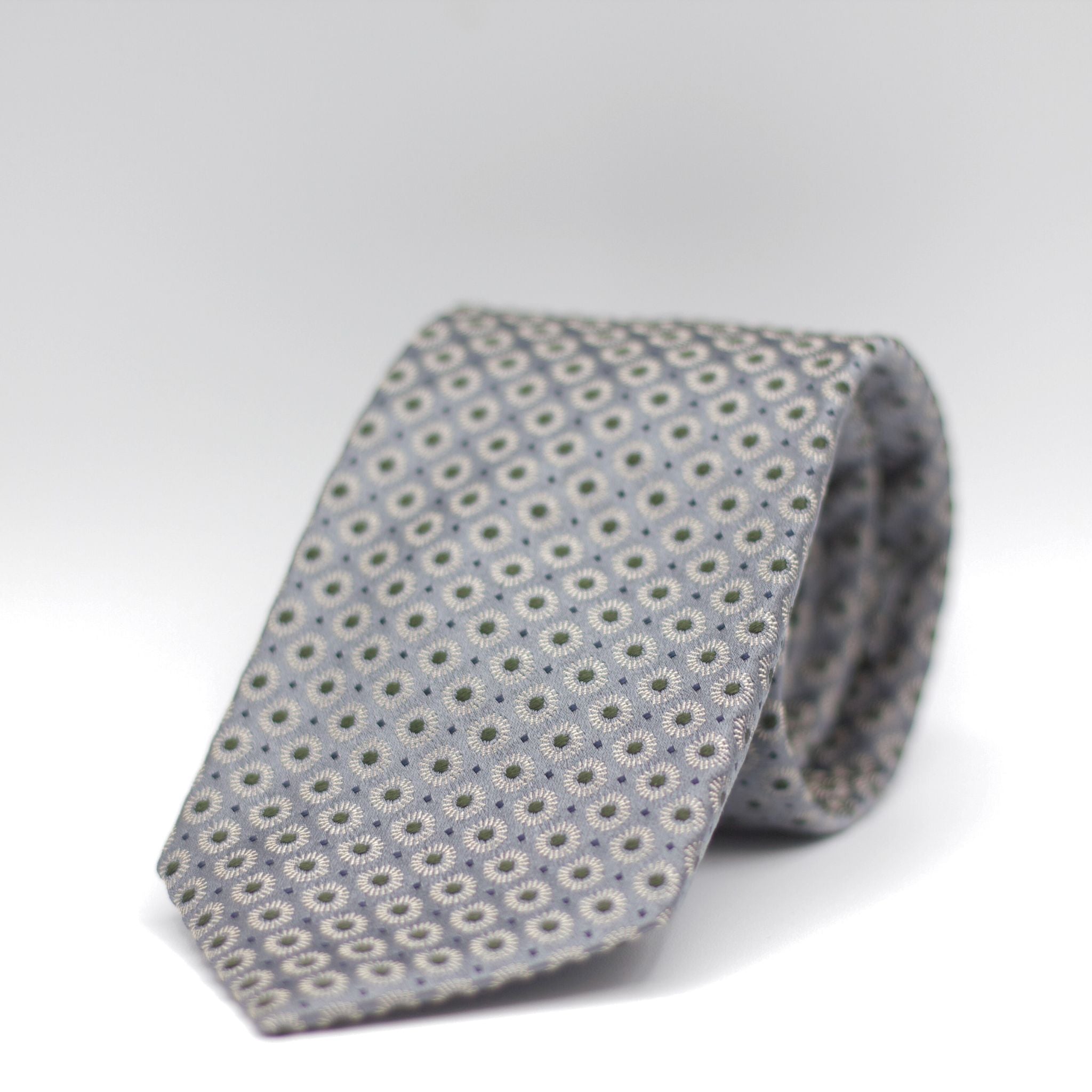 Holliday & Brown for Cruciani & Bella 100% Woven Jacquard Silk Tipped Silver, Green and White motif tie Handmade in Italy 8 cm x 150 cm