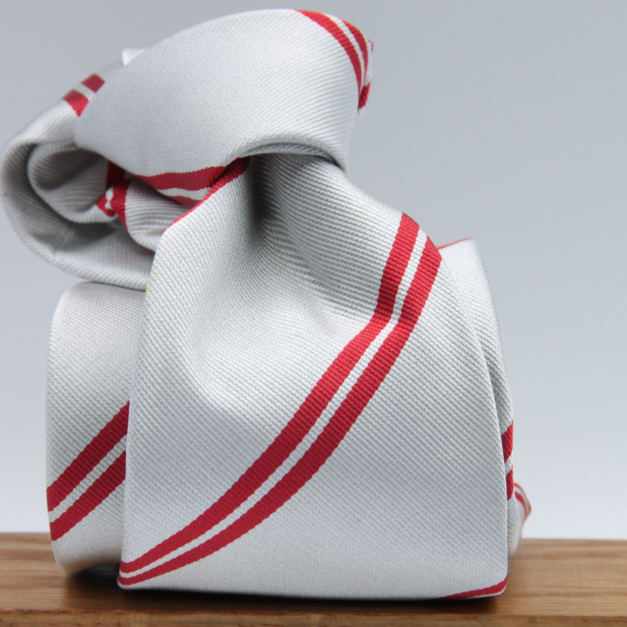 Holliday & Brown for Cruciani & Bella 100% Silk Tipped Jacquard  Regimental "St. John's Summer Amalgamated" Off-White and Red stripe tie Handmade in Italy 9 cm x 148 cm #6607