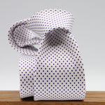 Cruciani &amp; Bella
100% Printed Silk

Self-Tipped
White, Purple Pindots Tie
Handmade in Rome, Italy.

8 cm x 150 cm
#8854